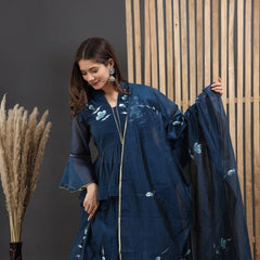 Floral Embroidered Lehenga Set in Peach & Navy Blue