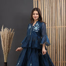 Floral Embroidered Lehenga Set in Peach & Navy Blue