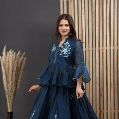 Floral Embroidered Lehenga Set in Peach & Navy Blue