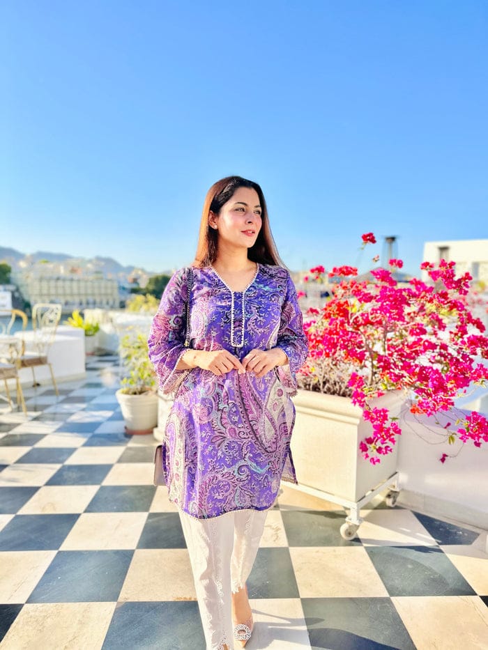 Purple Paisley Printed Kurti with White Straight Pants