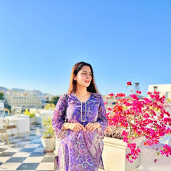 Purple Paisley Printed Kurti with White Straight Pants