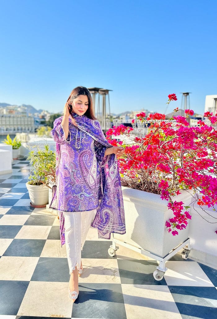 Purple Paisley Printed Kurti with White Straight Pants