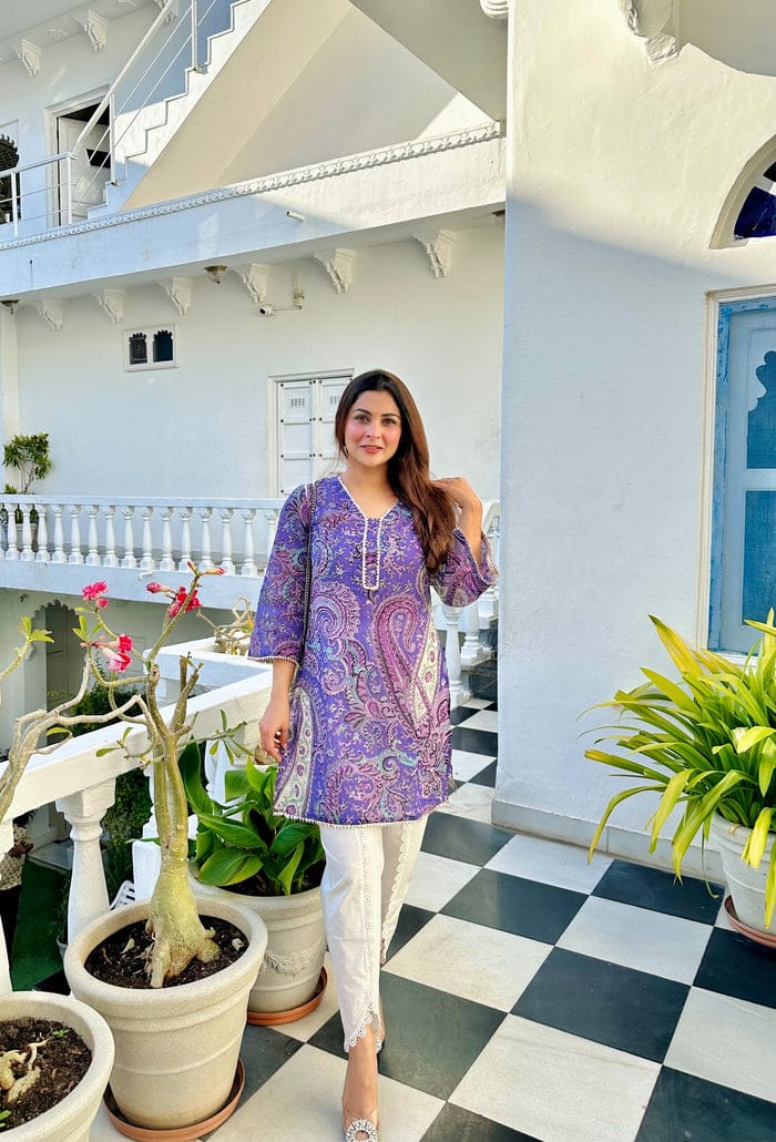 Purple Paisley Printed Kurti with White Straight Pants