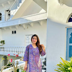 Purple Paisley Printed Kurti with White Straight Pants