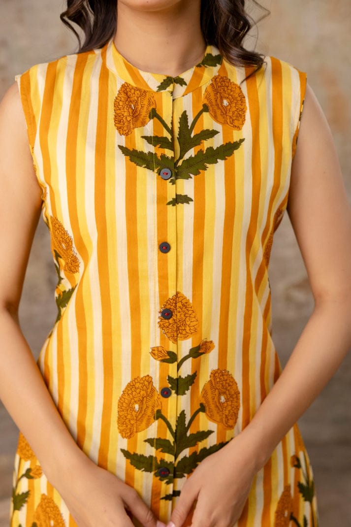 Sleeveless Striped Floral Co-Ord Set in Mauve, Green & Yellow