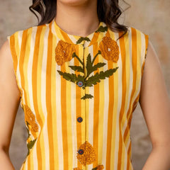 Sleeveless Striped Floral Co-Ord Set in Mauve, Green & Yellow