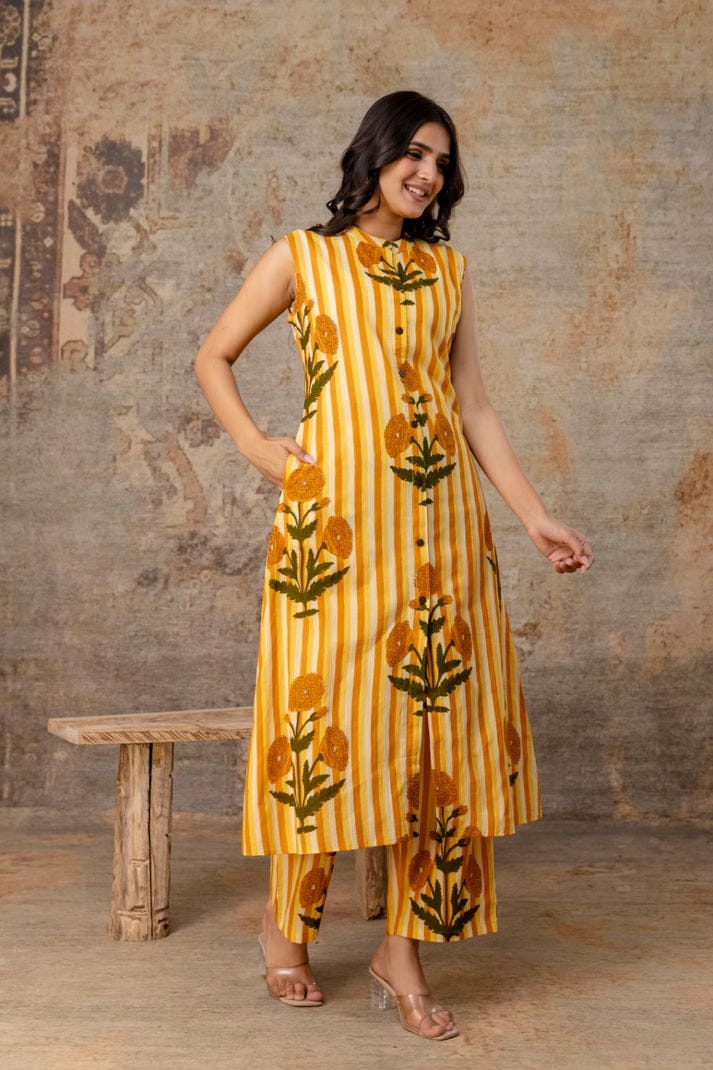 Sleeveless Striped Floral Co-Ord Set in Mauve, Green & Yellow