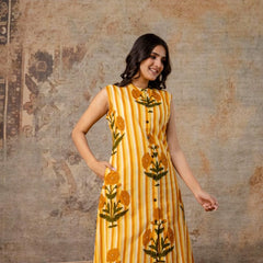 Sleeveless Striped Floral Co-Ord Set in Mauve, Green & Yellow