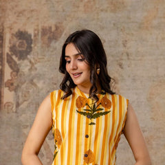 Sleeveless Striped Floral Co-Ord Set in Mauve, Green & Yellow