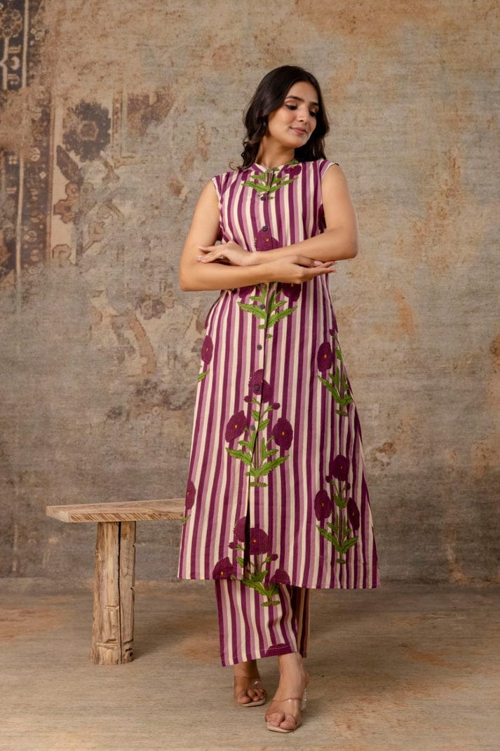 Sleeveless Striped Floral Co-Ord Set in Mauve, Green & Yellow