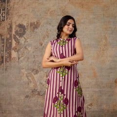 Sleeveless Striped Floral Co-Ord Set in Mauve, Green & Yellow