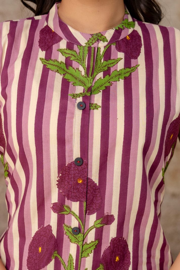 Sleeveless Striped Floral Co-Ord Set in Mauve, Green & Yellow