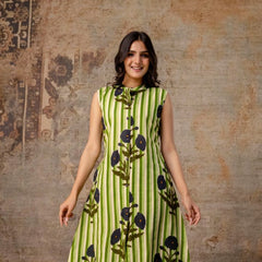 Sleeveless Striped Floral Co-Ord Set in Mauve, Green & Yellow