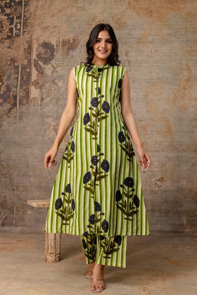 Sleeveless Striped Floral Co-Ord Set in Mauve, Green & Yellow