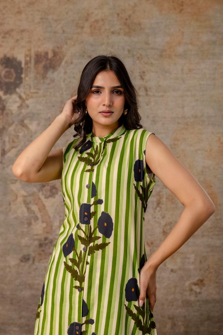 Sleeveless Striped Floral Co-Ord Set in Mauve, Green & Yellow