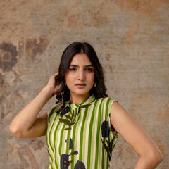 Sleeveless Striped Floral Co-Ord Set in Mauve, Green & Yellow