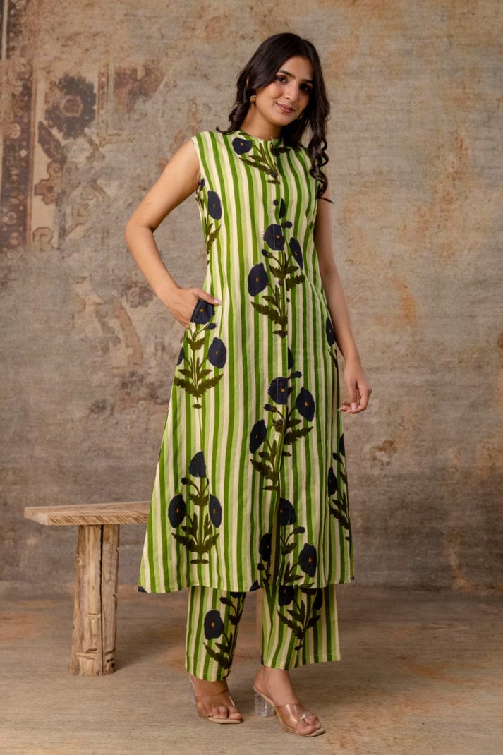 Sleeveless Striped Floral Co-Ord Set in Mauve, Green & Yellow