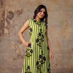 Sleeveless Striped Floral Co-Ord Set in Mauve, Green & Yellow