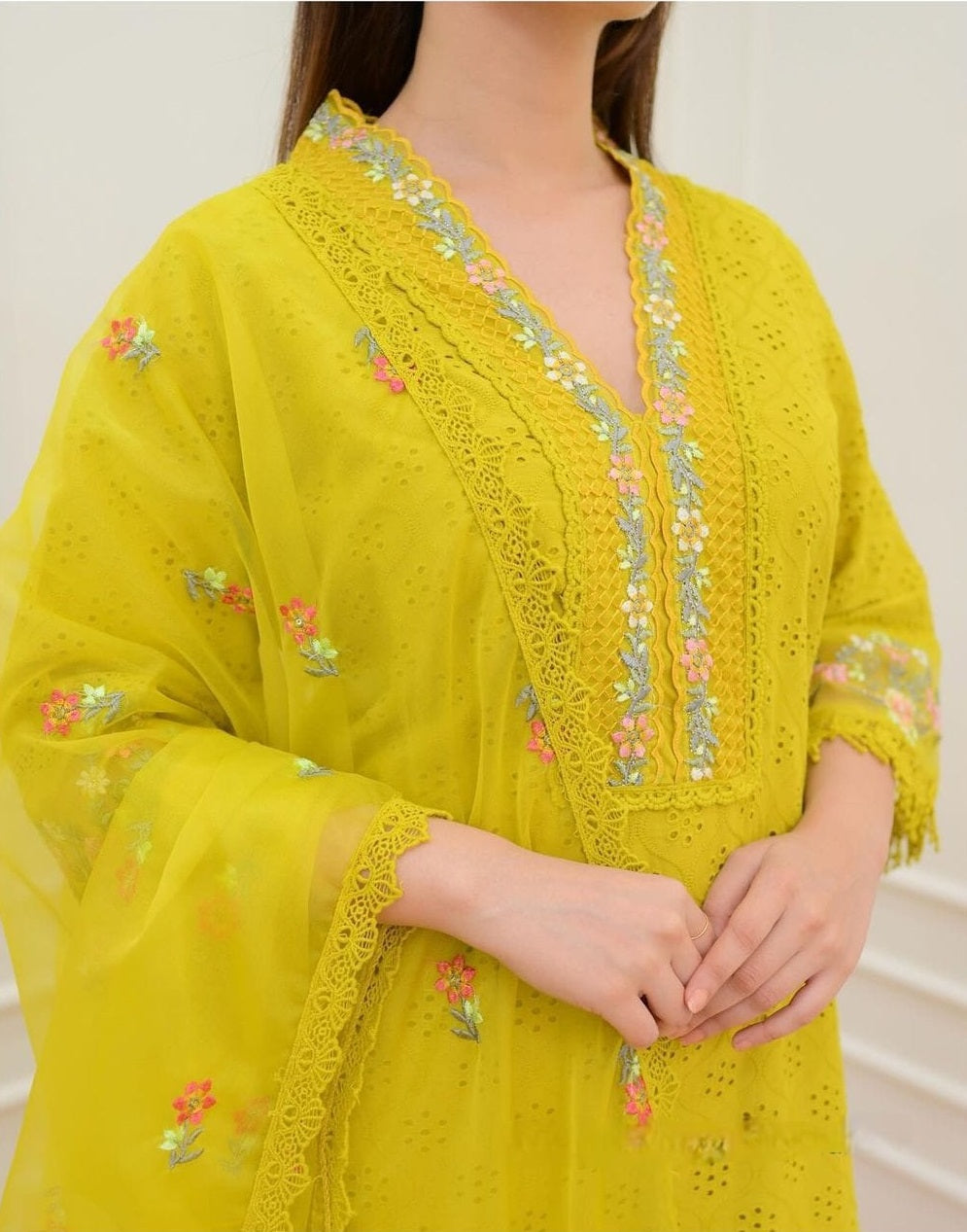 Embroidered Cotton Suit Set with Dupatta in Yellow & Pink