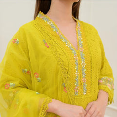 Embroidered Cotton Suit Set with Dupatta in Yellow & Pink