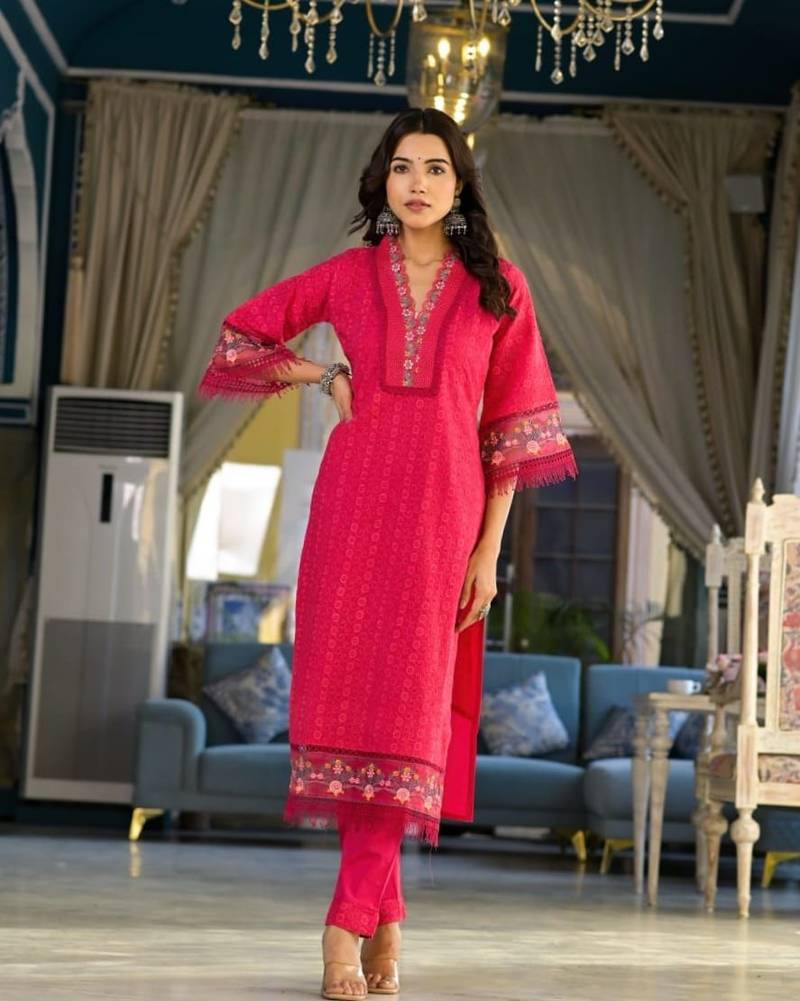 Embroidered Cotton Suit Set with Dupatta in Yellow & Pink