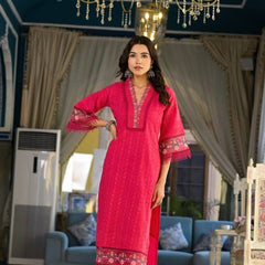 Embroidered Cotton Suit Set with Dupatta in Yellow & Pink