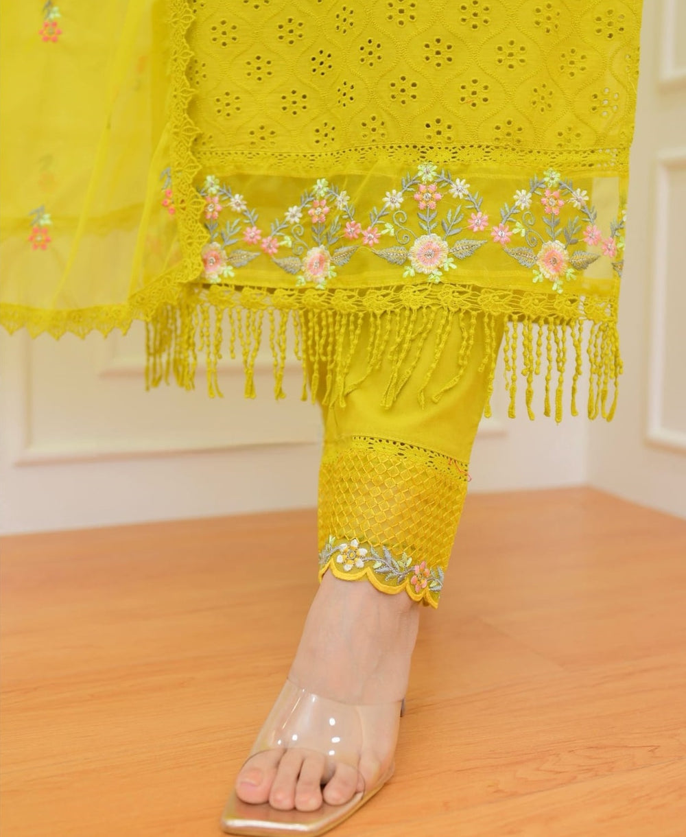 Embroidered Cotton Suit Set with Dupatta in Yellow & Pink