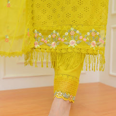 Embroidered Cotton Suit Set with Dupatta in Yellow & Pink