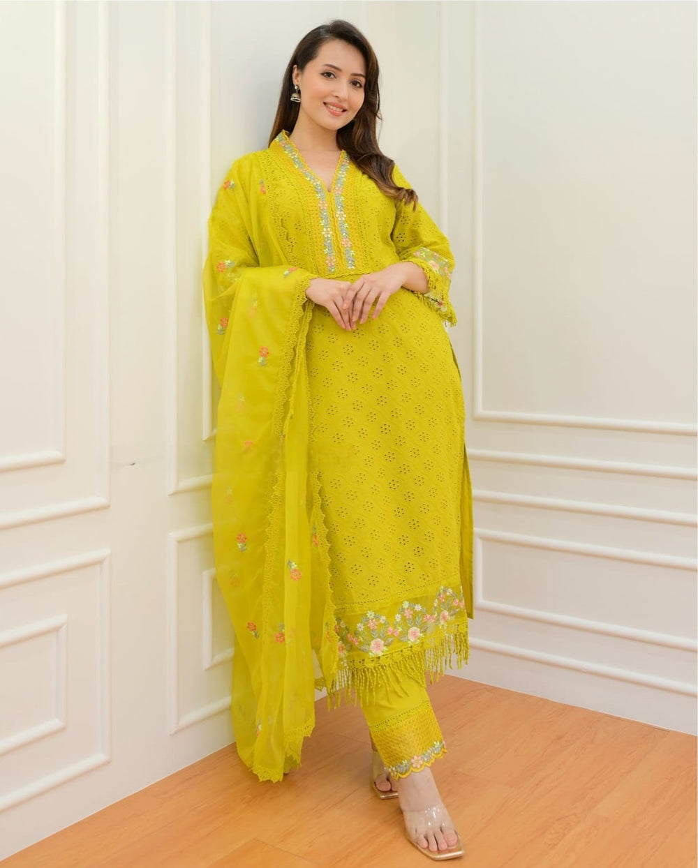 Embroidered Cotton Suit Set with Dupatta in Yellow & Pink