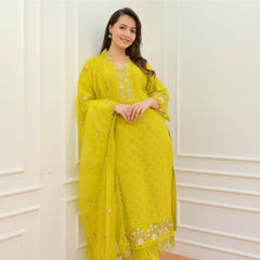 Embroidered Cotton Suit Set with Dupatta in Yellow & Pink