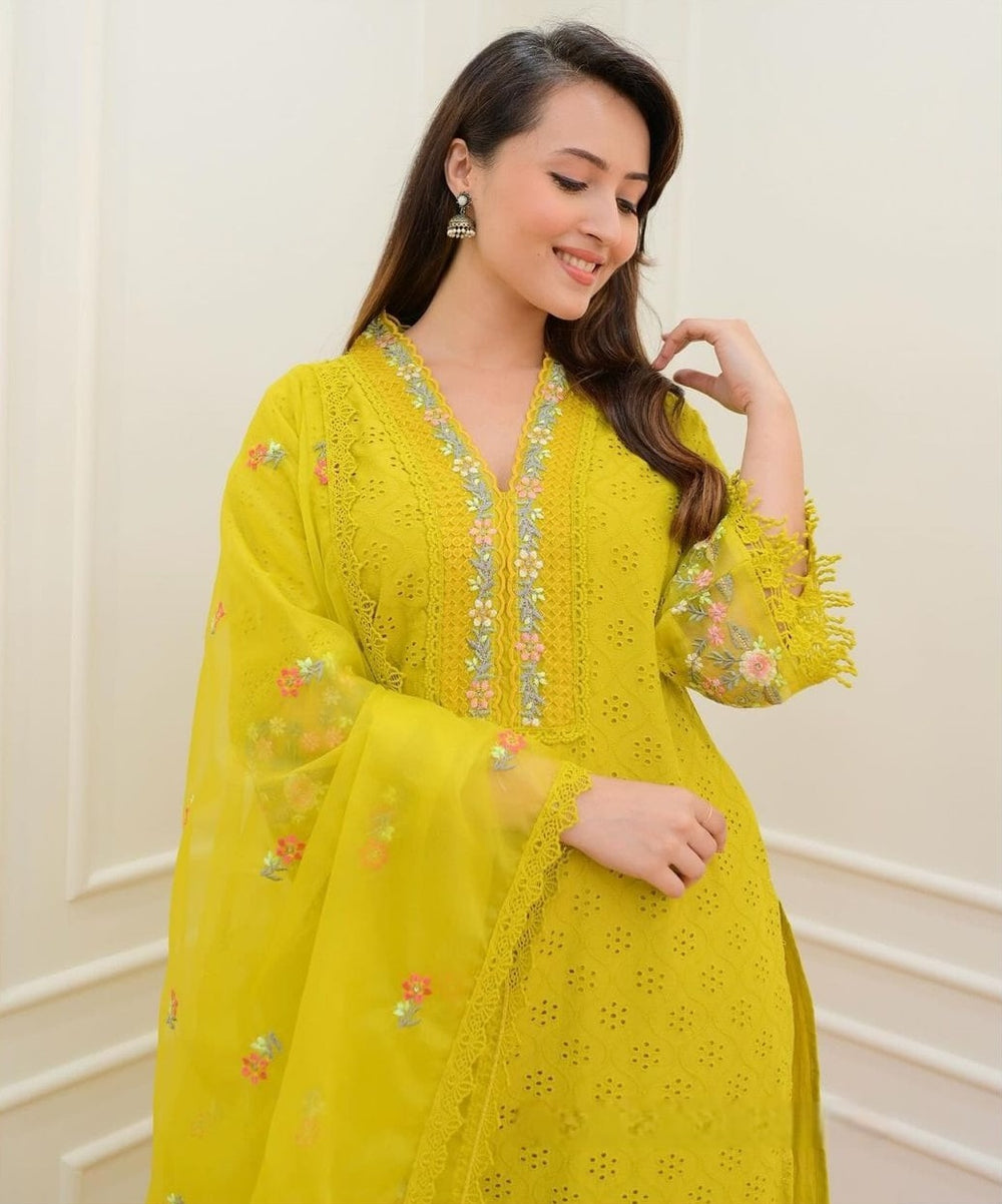 Embroidered Cotton Suit Set with Dupatta in Yellow & Pink