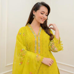 Embroidered Cotton Suit Set with Dupatta in Yellow & Pink