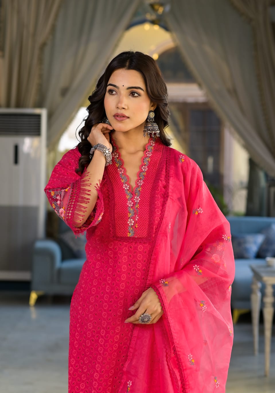 Embroidered Cotton Suit Set with Dupatta in Yellow & Pink