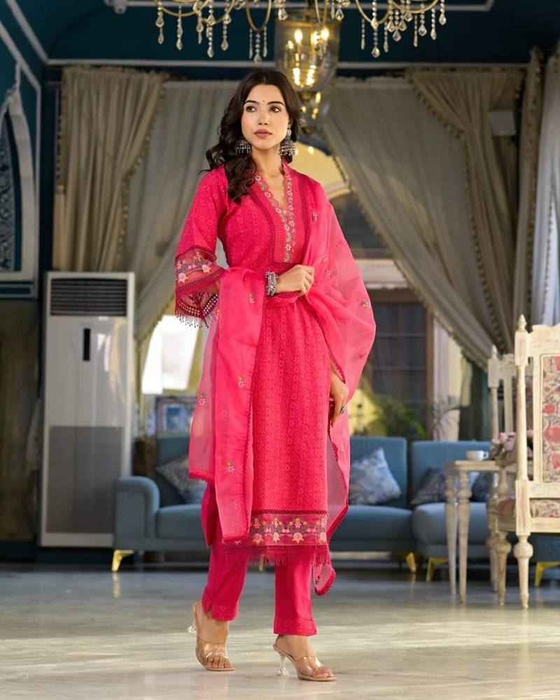 Embroidered Cotton Suit Set with Dupatta in Yellow & Pink