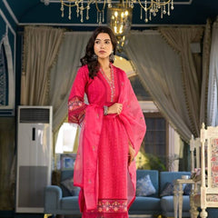 Embroidered Cotton Suit Set with Dupatta in Yellow & Pink