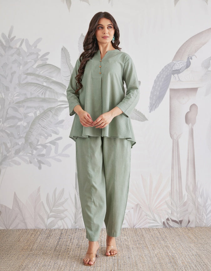 Solid Relaxed Fit Co-Ord Set in Sage Green & White
