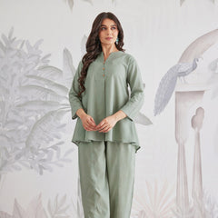 Solid Relaxed Fit Co-Ord Set in Sage Green & White