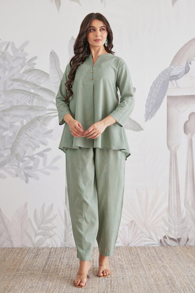 Solid Relaxed Fit Co-Ord Set in Sage Green & White