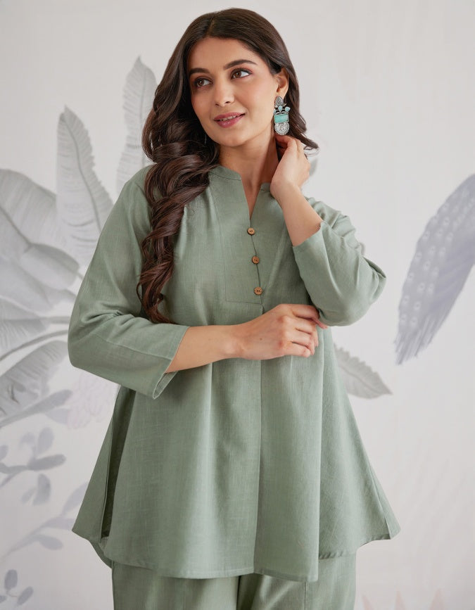 Solid Relaxed Fit Co-Ord Set in Sage Green & White