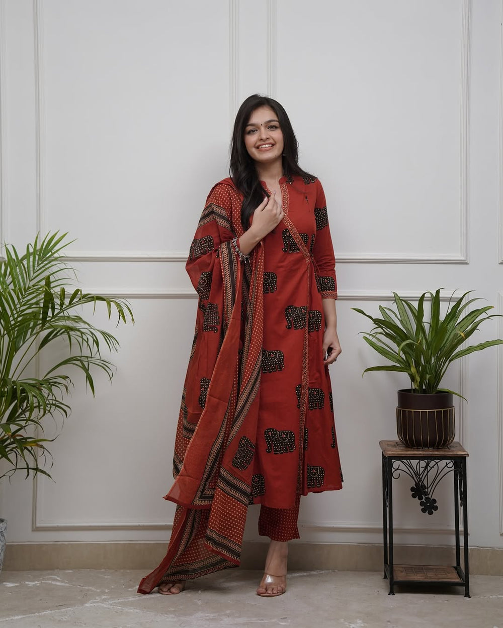 Elephant Print Cotton Kurta Set with Dupatta