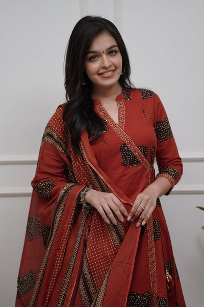 Elephant Print Cotton Kurta Set with Dupatta
