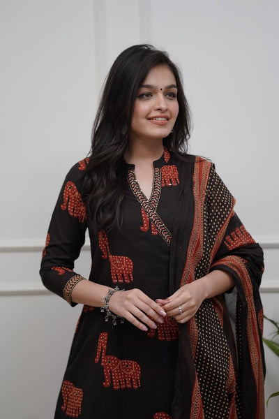 Elephant Print Cotton Kurta Set with Dupatta
