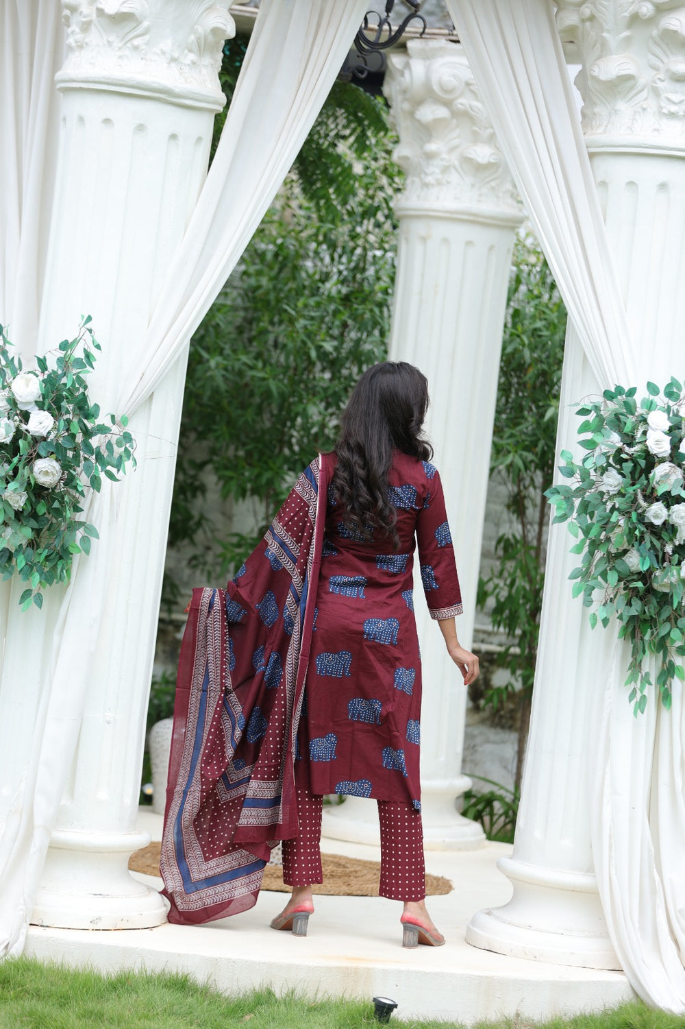 Elephant Print Cotton Kurta Set with Dupatta