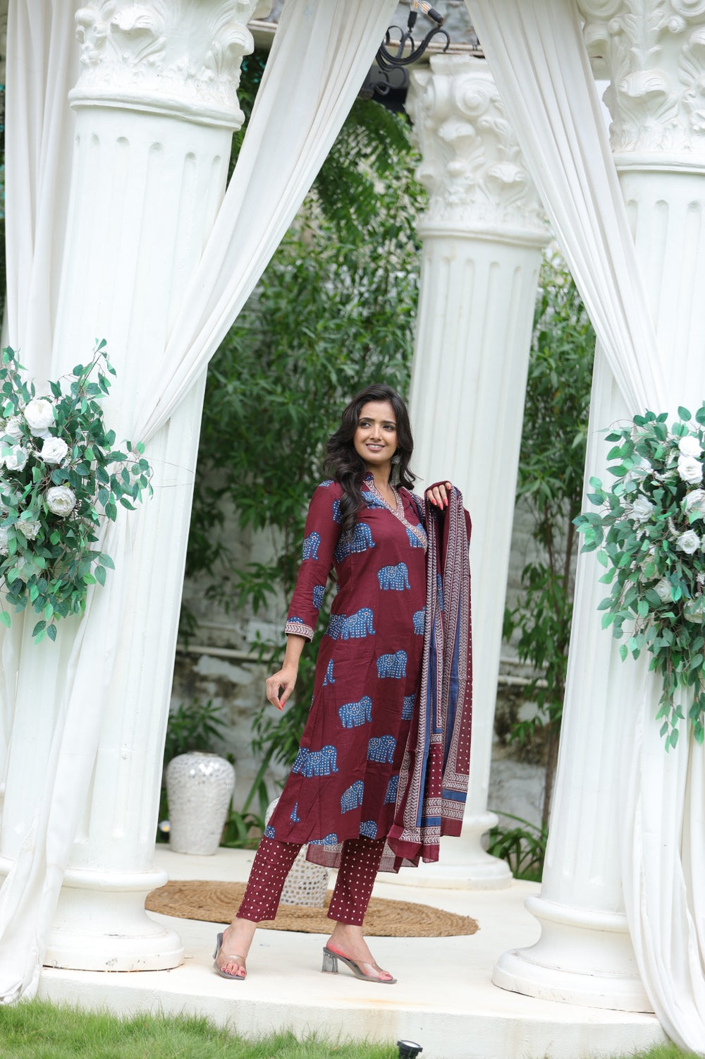 Elephant Print Cotton Kurta Set with Dupatta