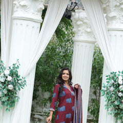 Elephant Print Cotton Kurta Set with Dupatta