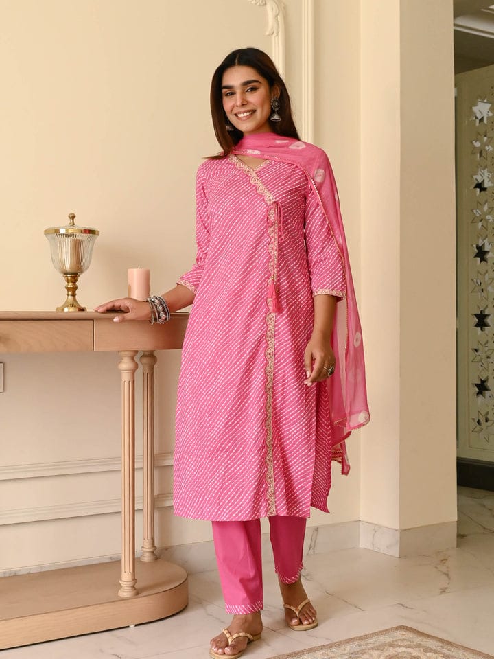 Pink Bandhani Printed Kurta Set with Pants & Dupatta