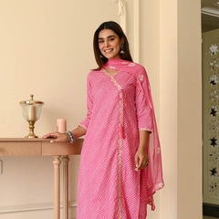 Pink Bandhani Printed Kurta Set with Pants & Dupatta