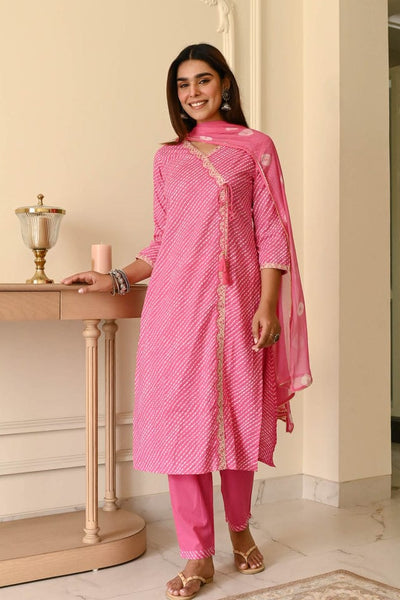 Pink Bandhani Printed Kurta Set with Pants & Dupatta