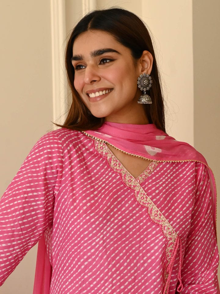 Pink Bandhani Printed Kurta Set with Pants & Dupatta