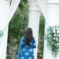 Elephant Print Cotton Kurta Set with Dupatta